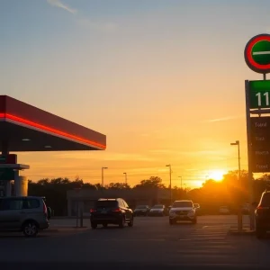 Fuel prices displayed at a gas station in Jacksonville at sunset