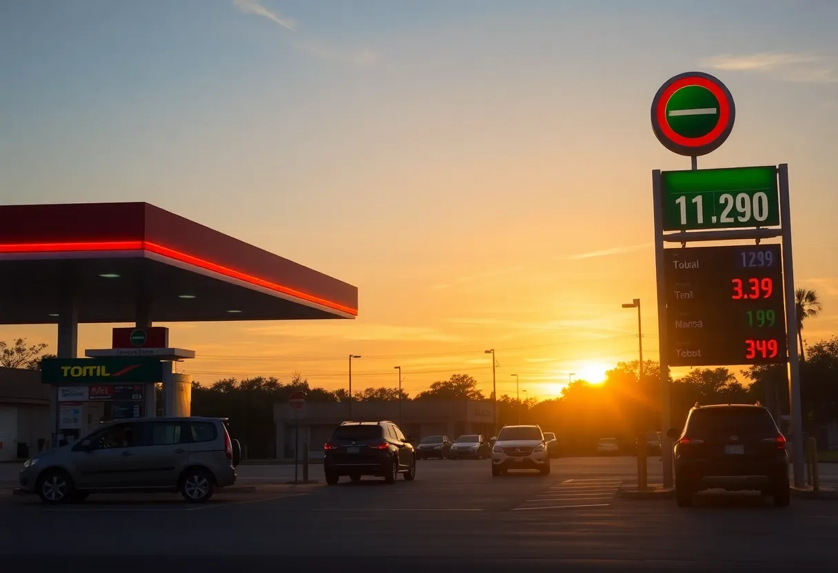 Fuel prices displayed at a gas station in Jacksonville at sunset
