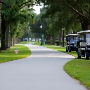 Golf cart path in Jacksonville, evoking a sense of calm and tragedy.
