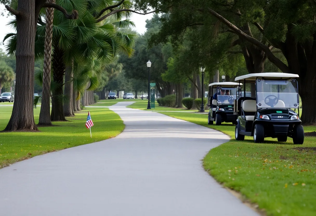 Golf cart path in Jacksonville, evoking a sense of calm and tragedy.