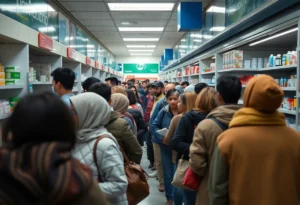 Long lines outside a pharmacy in Jacksonville, depicting healthcare access concerns.