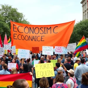 Protesters at the Jacksonville Workers Over Billionaires event holding signs for economic equality.