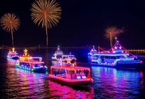 Decorated boats in Jacksonville Light Boat Parade with fireworks in the background