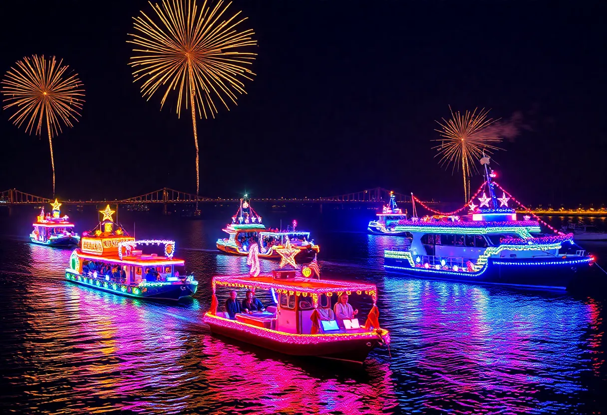 Decorated boats in Jacksonville Light Boat Parade with fireworks in the background