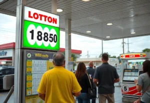 Gas station in Jacksonville featuring lottery signs and excited customers