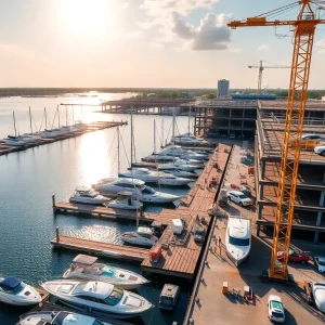 Construction site of Jacksonville marina with boats and waterfront.