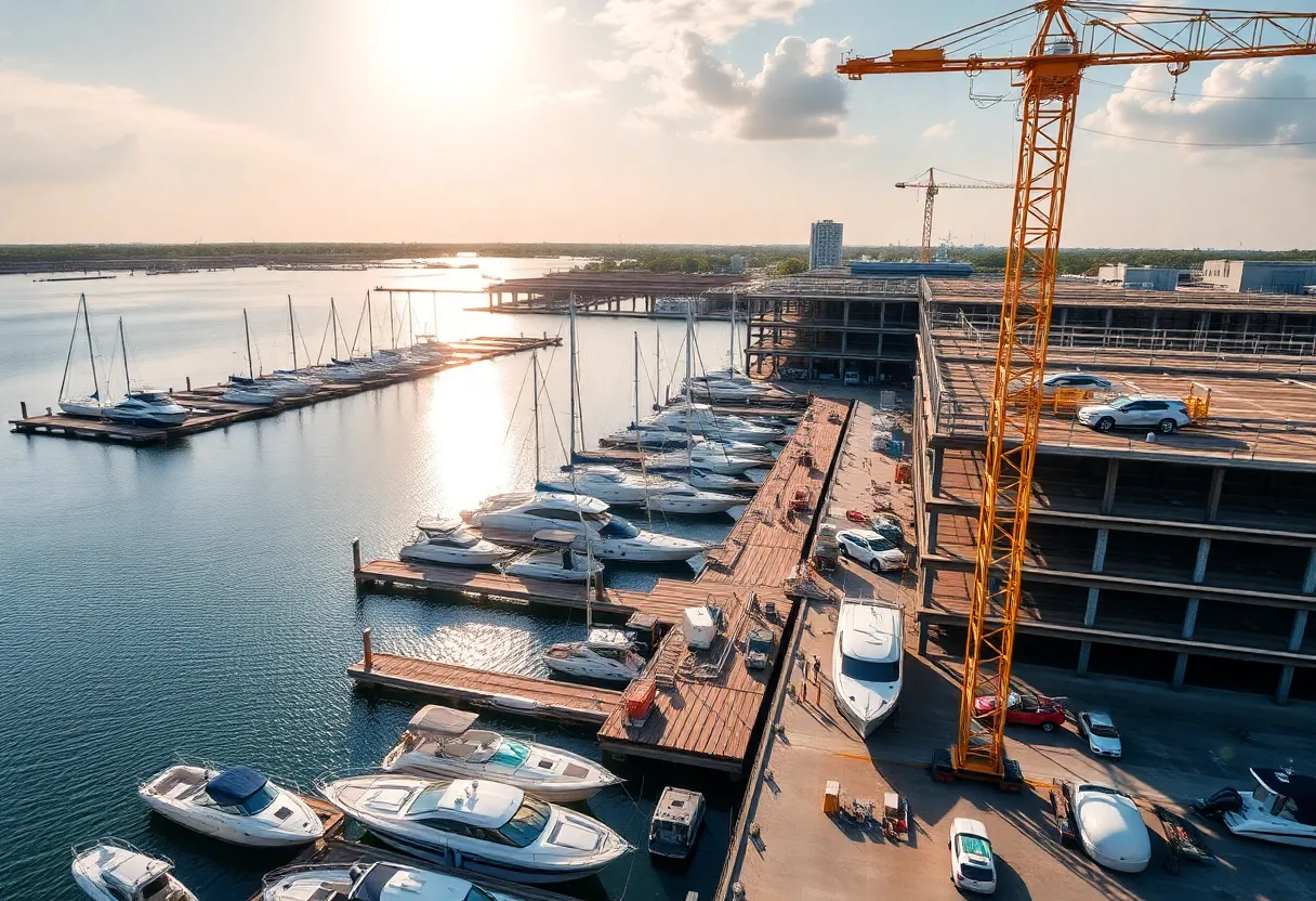 Construction site of Jacksonville marina with boats and waterfront.