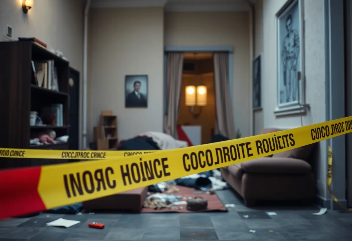 Crime scene photo depicting a disordered apartment