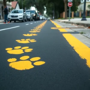 Black painted street where yellow paw prints were removed in Jacksonville