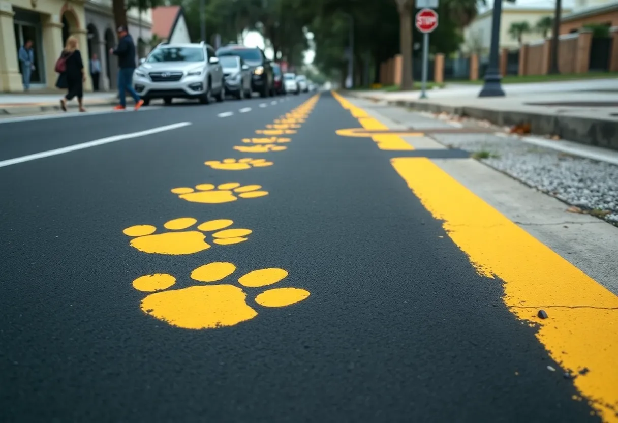 Black painted street where yellow paw prints were removed in Jacksonville