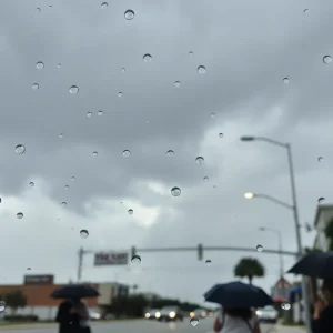Rainy day in Jacksonville with storm clouds and umbrellas