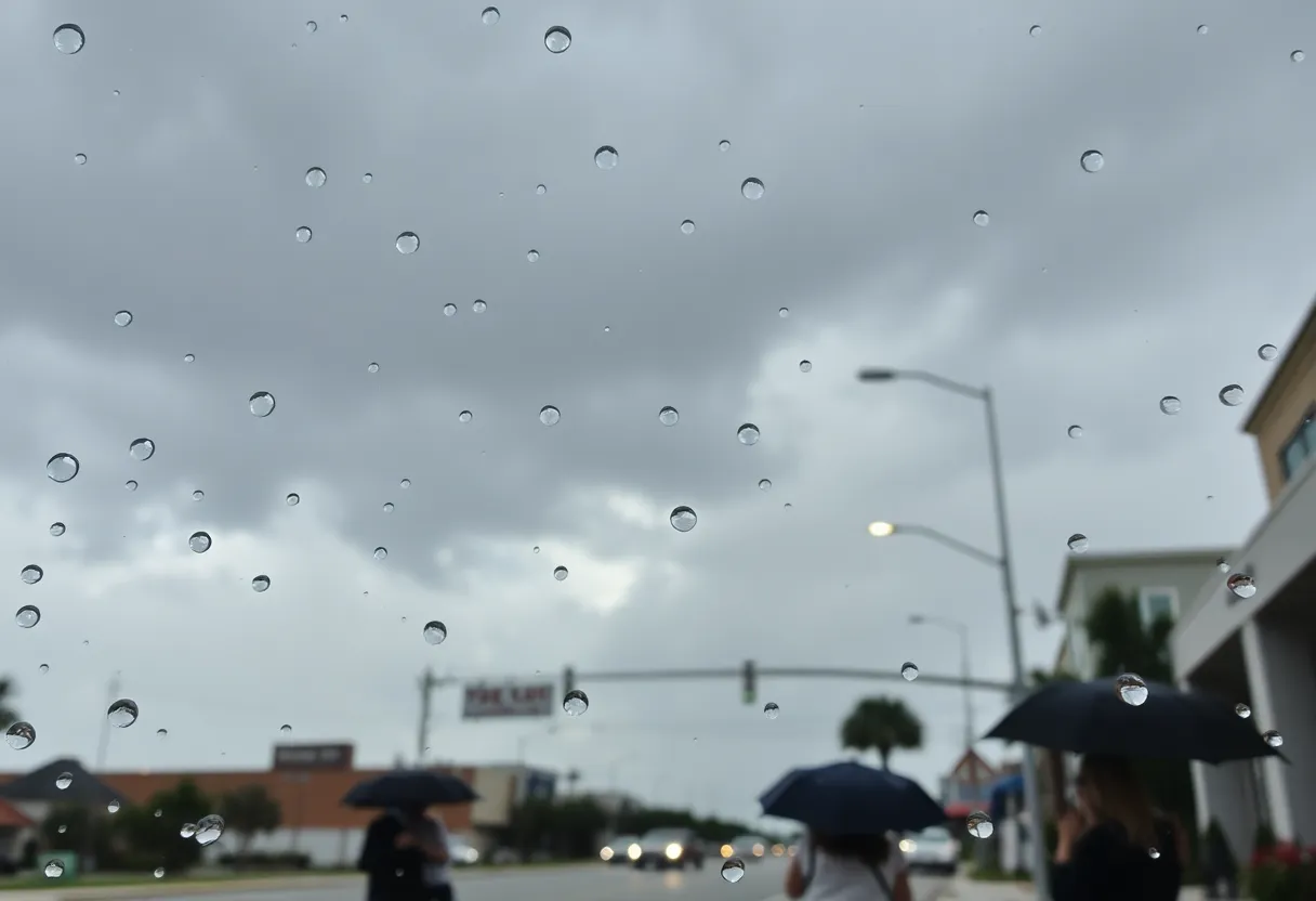 Rainy day in Jacksonville with storm clouds and umbrellas