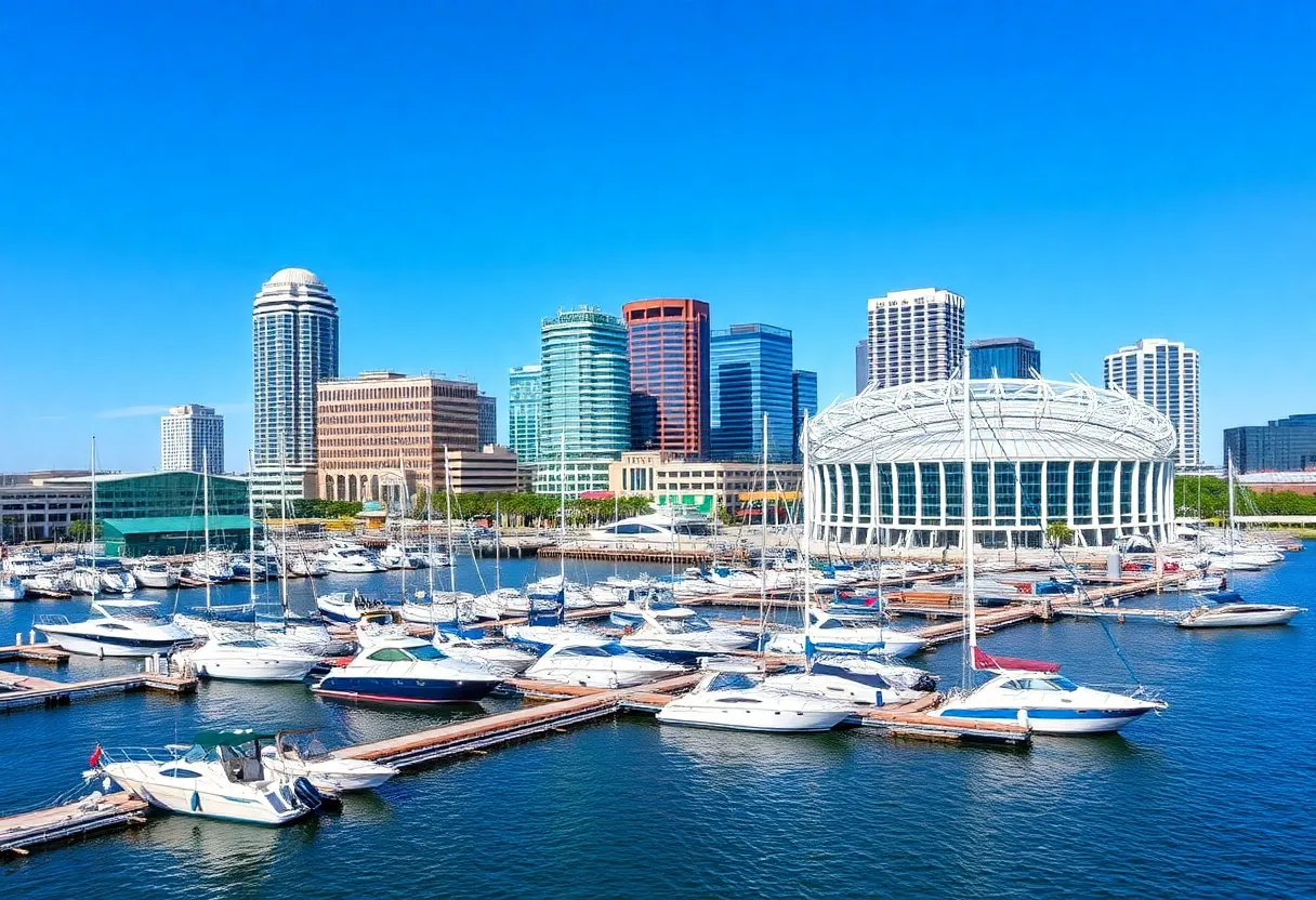 An artistic rendering of Jacksonville's Shipyards project showing a marina and renovated stadium