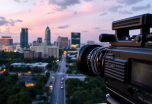 Jacksonville city skyline with a film camera.