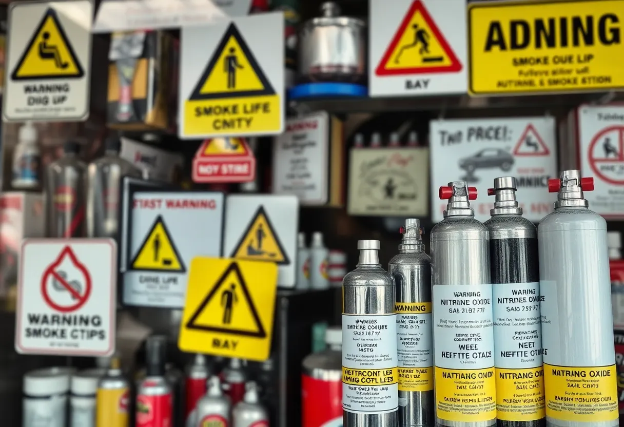 Smoke shops with canisters of nitrous oxide during law enforcement operation.