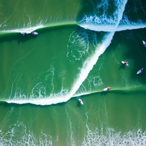 Aerial view of the proposed Jacksonville Surf Park with surfers and green spaces