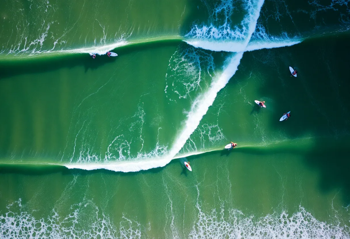 Aerial view of the proposed Jacksonville Surf Park with surfers and green spaces
