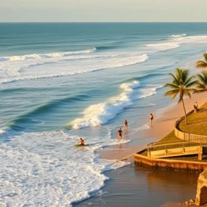 Rendering of Jacksonville Surf Park with surfers enjoying ocean-like waves.