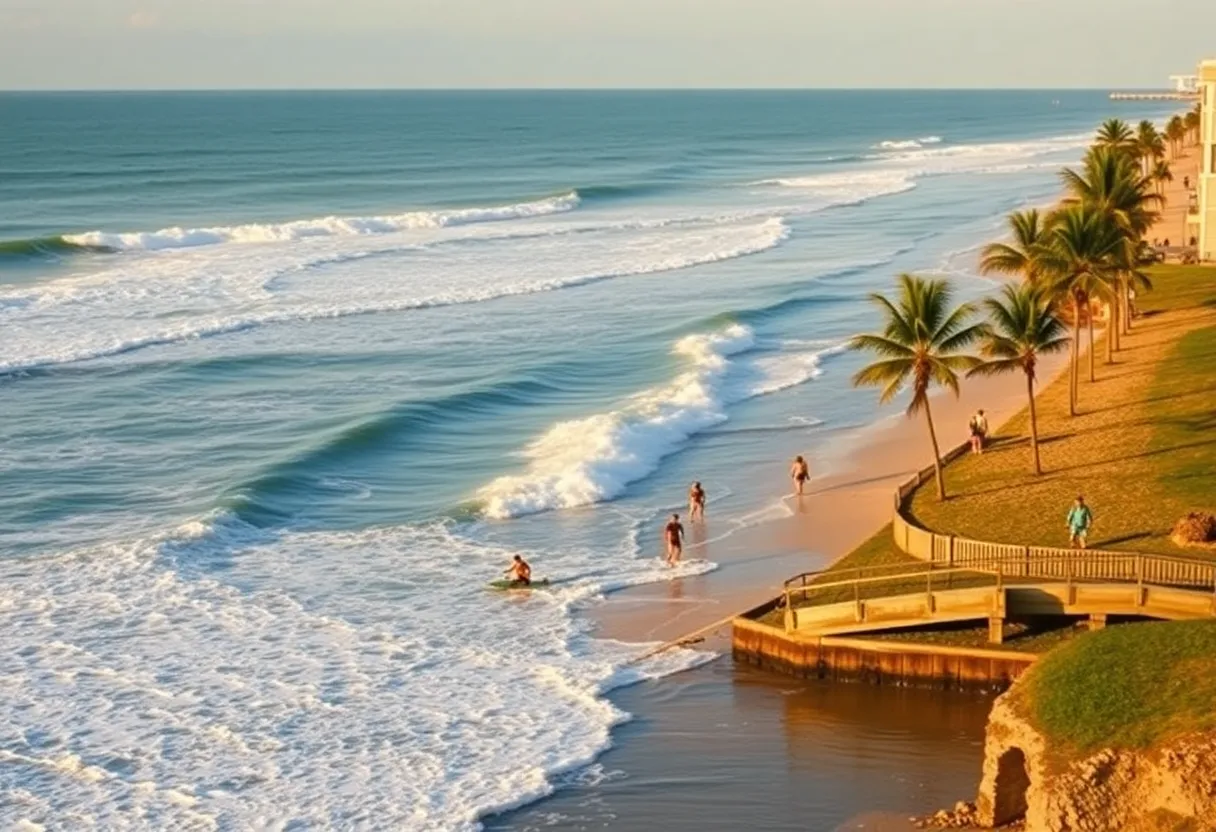 Rendering of Jacksonville Surf Park with surfers enjoying ocean-like waves.