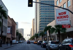 Cityscape of Jacksonville, Florida with job opportunity signs