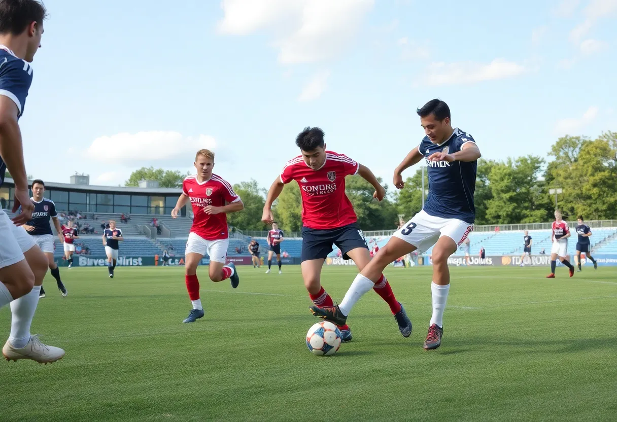 Jacksonville University men's soccer players in action during a match.