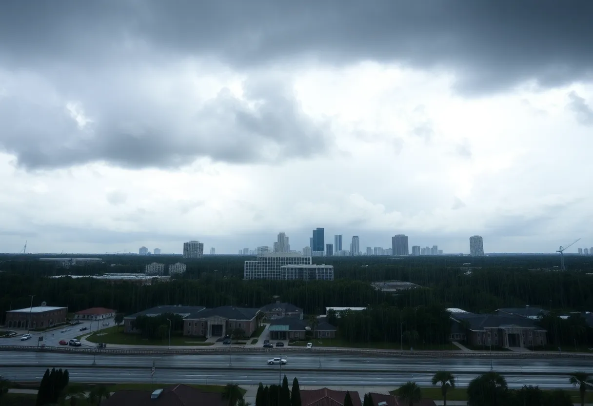City skyline of Jacksonville with heavy rain and dark clouds above