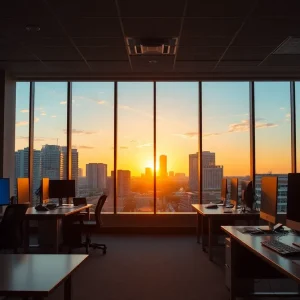 Empty office desks in Jacksonville representing work-from-home policy issues