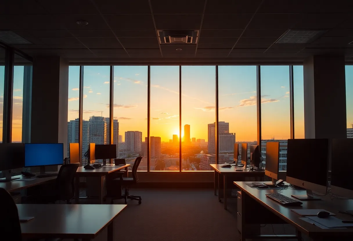 Empty office desks in Jacksonville representing work-from-home policy issues