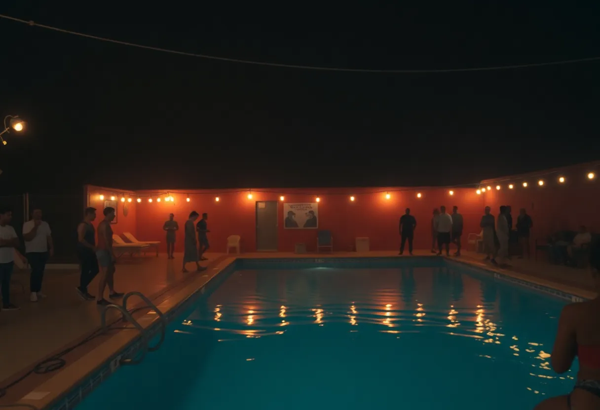 Dimly lit pool area representing community mourning and youth violence.