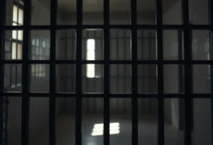 Inside view of a jail cell with light through the bars