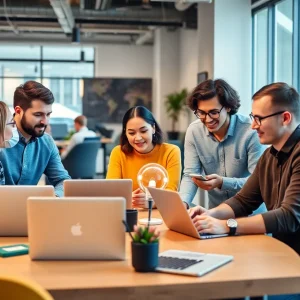 Entrepreneurs utilizing AI assistance in a co-working space