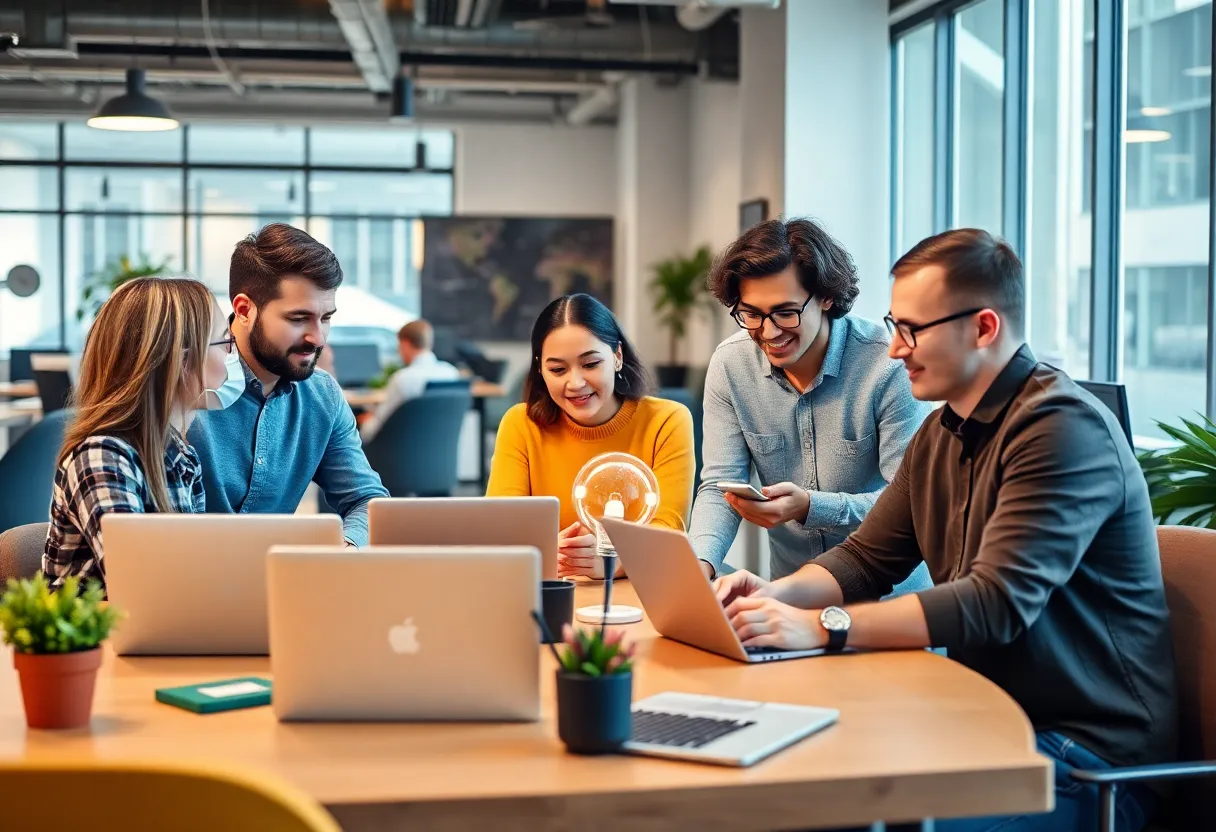 Entrepreneurs utilizing AI assistance in a co-working space