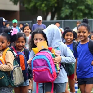Children at the Jacksonville Jaguars back-to-school event receiving backpacks