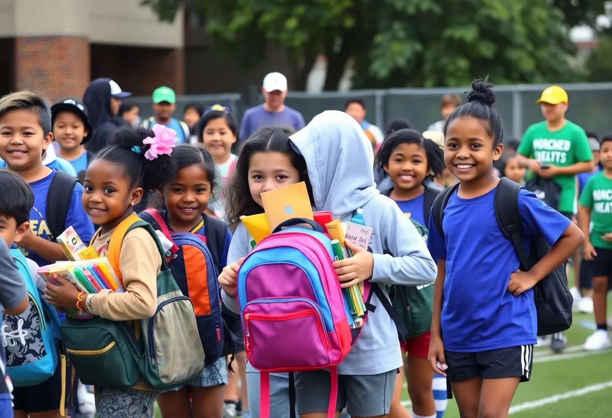 Children at the Jacksonville Jaguars back-to-school event receiving backpacks