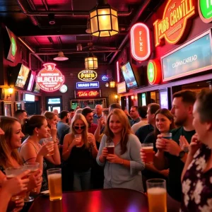 Group enjoying a pub crawl in Jacksonville, showcasing various bars and a festive atmosphere.