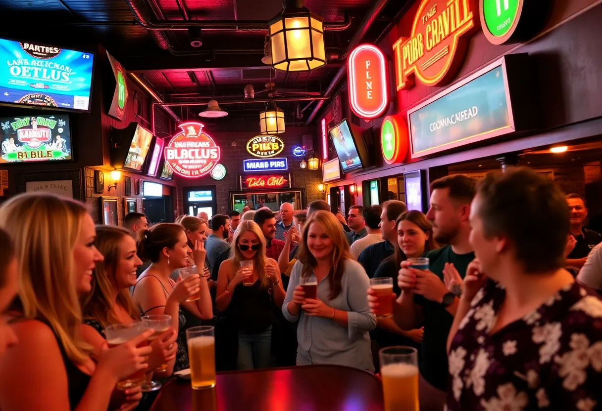 Group enjoying a pub crawl in Jacksonville, showcasing various bars and a festive atmosphere.