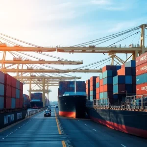 Cargo containers and ships at JaxPort terminal