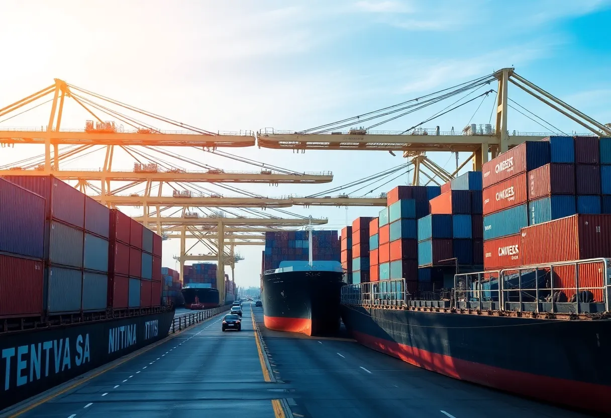 Cargo containers and ships at JaxPort terminal