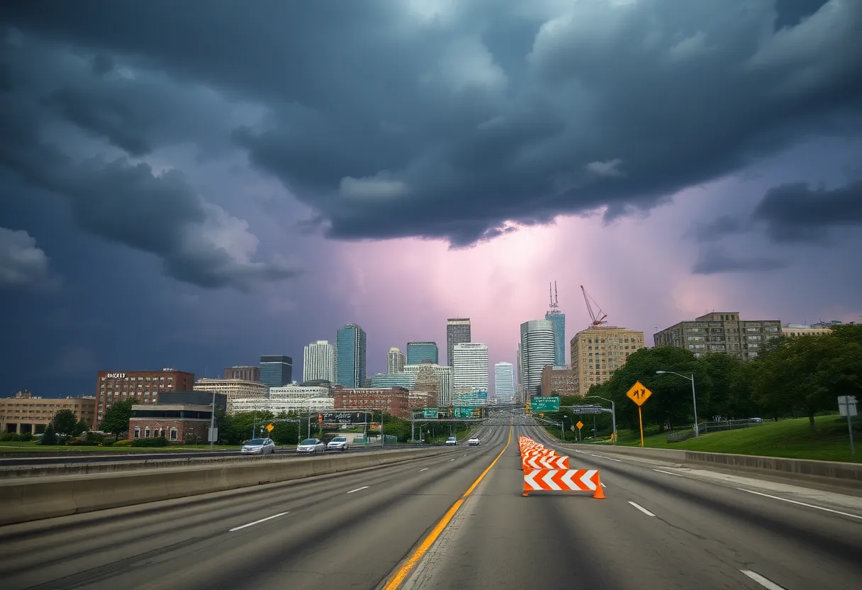 Thunderstorms over a highway in Kansas City with construction signs