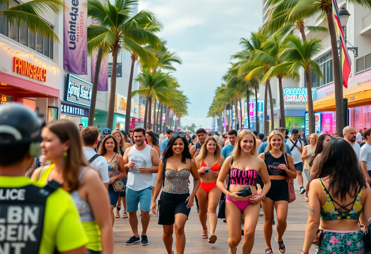 Miami Beach during spring break with joyful crowds and security presence