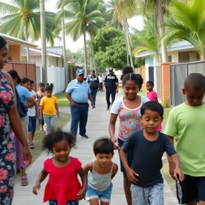 Vibrant neighborhood in Miami-Dade with families and police presence