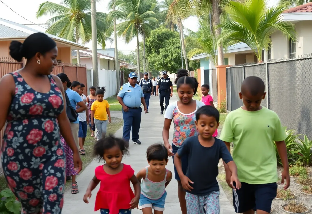 Vibrant neighborhood in Miami-Dade with families and police presence
