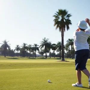 Young golfer practicing swing on a sunny golf course