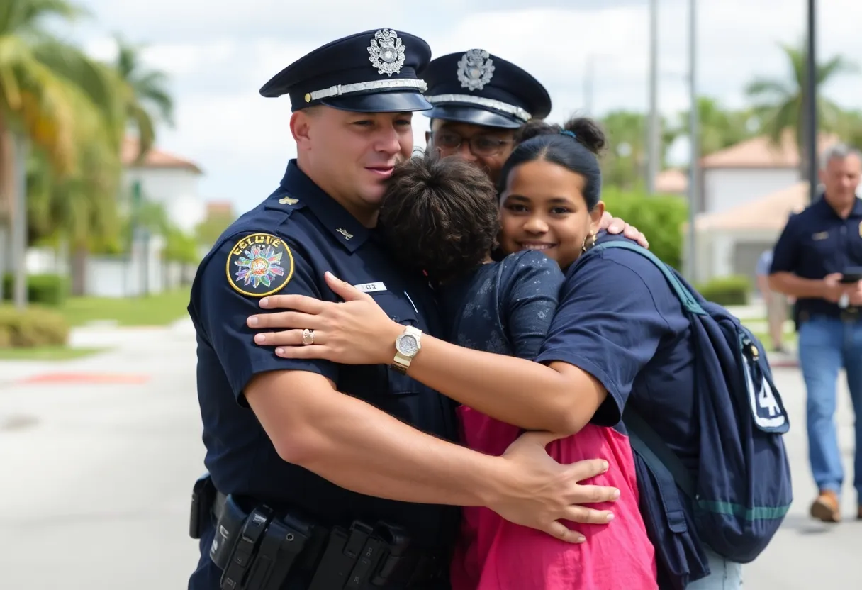 Police and family celebrating the safe recovery of a missing child in Florida