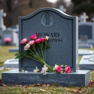 A headstone surrounded by flowers in a peaceful cemetery.