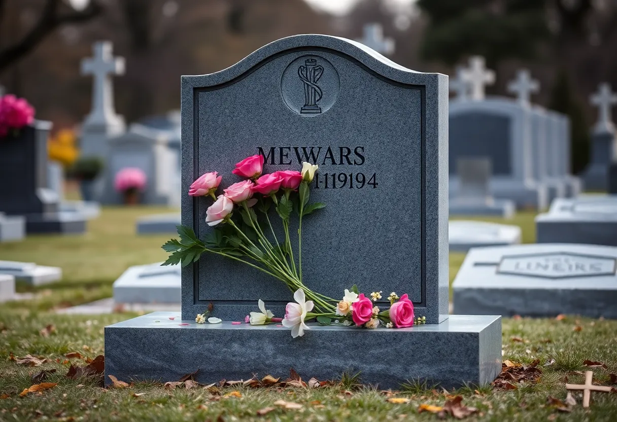 A headstone surrounded by flowers in a peaceful cemetery.