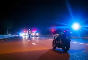 Scene of a motorcycle accident on a highway with emergency services present.