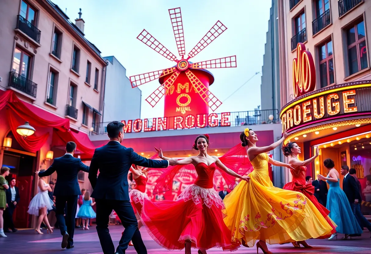 A scene depicting dancers from the Moulin Rouge musical with a colorful Parisian backdrop.