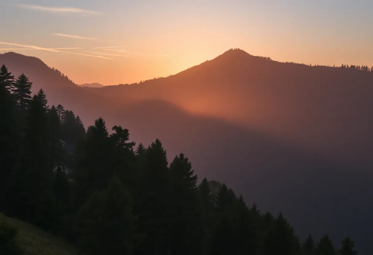 Peaceful mountain landscape at sunset