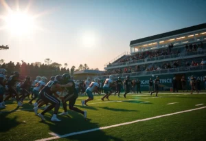 High school football players in action during a game in Northeast Florida